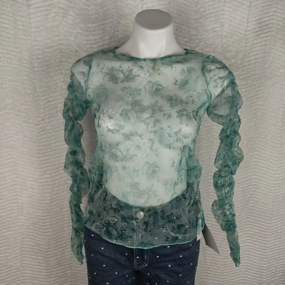 NWT Zara Green Floral Sheer Tulle Mesh Top Sz S